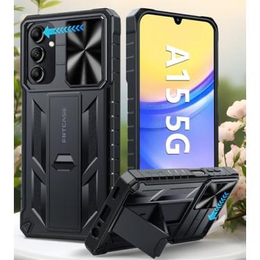 Imagem de Capa protetora para Samsung Galaxy A15 4G/5G de grau militar à prova de quedas com suporte e slide | Capa de telefone resistente resistente e protetora texturizada - preta