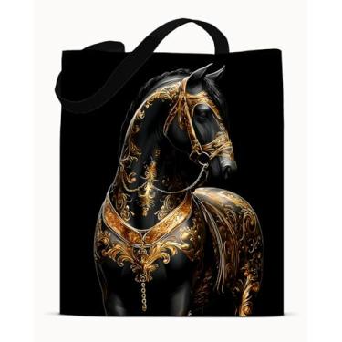 Imagem de Bolsa de ombro preta e dourada com estampa de animal - lona estética de cavalo - bolsa de ombro preta dourada moderna reutilizável para compras, trabalho, viagem, praia, bolsas