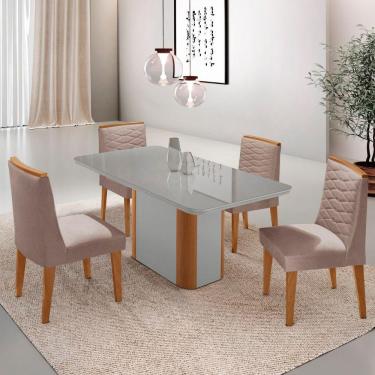 Imagem de Mesa De Jantar Isadora 120cm Tampo Mdf Vidro Com 4 Cadeiras Linho Capuccino Off White Naturale Serigrafia