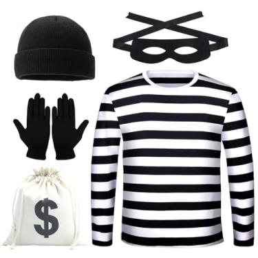 Imagem de Conjunto de fantasia de ladrão de ladrão de Halloween acessórios de ladrão preto branco listrado, máscara, luvas, bolsa, gorro (GG)