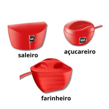 Imagem de Kit Saleiro Açucareiro E Farinheiro Tampa Colher Uz Cozinha, Vermelho