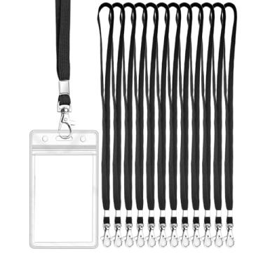 Imagem de 12 peças de porta-crachá de identificação transparente com cordão preto com suporte vertical à prova d'água para crachá de identificação para escritório, escola, viagens