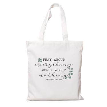 Imagem de Sacola de lona estética para mulheres, Pray About Everything Worry About Nothing, Christian Bag Bible, Sacos de pano reutilizáveis para compras de mercearia, presentes de aniversário e Natal para