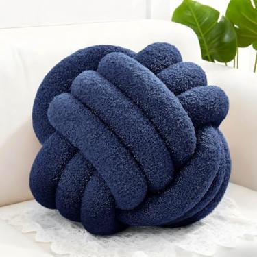 Imagem de Adlbbkiy Almofada de almofada de nó azul marinho de 21 cm, almofada redonda macia feita à mão com nó, almofada de pelúcia para decoração de casa, almofada de travesseiro de pelúcia com nó, para sofá
