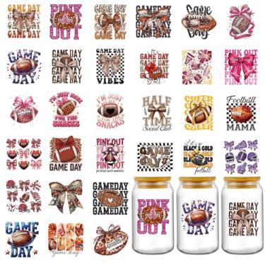 Imagem de Envoltório de copo UV DTF - 30 folhas de papel de futebol para dia de jogo de futebol UV DTF para vidro de 473 ml, adesivo de transferência impermeável com laço rosa DIY garrafa de água decoração de