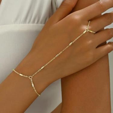 Imagem de Corrente de mão pulseiras douradas para mulheres na moda anel bracet corrente delicada bracet joias presentes, Medium, Latão, Sem Pedra Preciosa