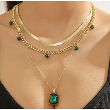 Imagem de Colar feminino em camadas de ouro retangular com pingente de pedra preciosa esmeralda elegante corrente de cobra cubana joia com contas ajustáveis joias modernas personalizadas presentes de Natal e