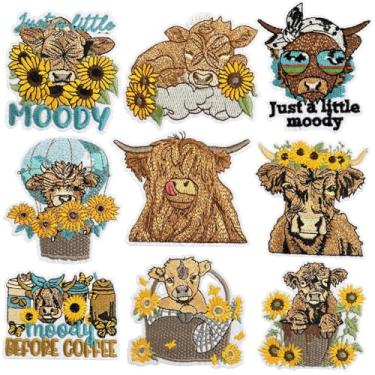 Imagem de 9 peças Highland Cow Heifer Iron on Patches, Cool Western Style Slogan Bordado Reparo Remendos para Roupas, Aplique Vintage Personalizado para Jeans, Jaquetas, Chapéus, Mochilas, Bolsas, Sapatos