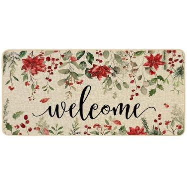 Imagem de ORTIGIA Tapete de porta Welcome Christmas Poinsétia para ambientes internos e externos, folhas de eucalipto, tapete de entrada antiderrapante durável para entrada de casa, entrada externa, quintal, piso, pátio 43 x 91 cm