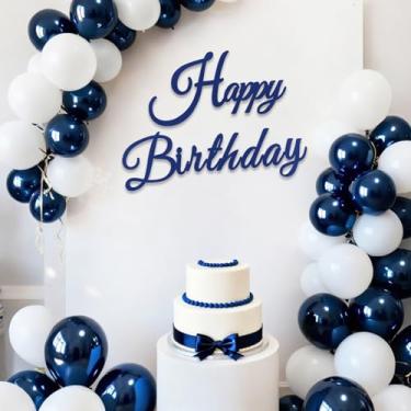 Imagem de TONIFUL Placa de feliz aniversário para pano de fundo - faixa de feltro azul marinho - inclui cola de bolinhas - perfeita para decoração de parede, pano de fundo de festa de aniversário, arco de balão