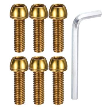 Imagem de PATIKIL Parafusos de haste de bicicleta M6 x 20 mm, 6 parafusos sextavados cônicos com arruelas e chave para haste de bicicleta de estrada BMX MTB, ouro
