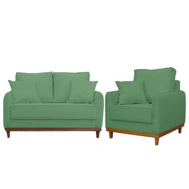 Imagem de Kit Poltrona E Sofa Sena 2 Lugar Base De Madeira Para Sala Hotel Linho Verde