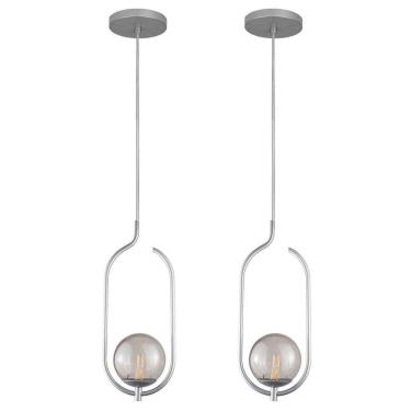 Imagem de Kit 2 Pendentes Lustres On Clip Prata Globo De Vidro Fume