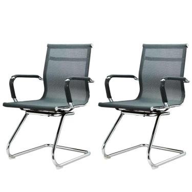 Imagem de Kit 2 Cadeiras Office Sydney Fratini Tela Cinza Base Fixa Aço Cromado