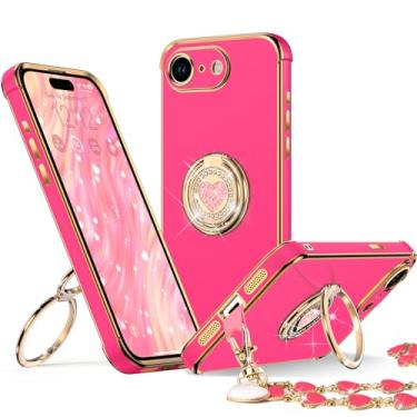 Imagem de XYZ Capa para iPhone 16 E com suporte, capa de telefone com suporte de anel duplo, capa protetora de luxo para mulheres meninas bling coração para iPhone 16E/SE4 de 6,1 polegadas, rosa choque