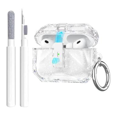 Imagem de Aircawin Capa transparente com glitter para Airpods Pro 3, lindo design brilhante de diamante para Airpods Pro 3ª geração, trava segura e pop-up automático, capa de TPU à prova de choque com mosquetão