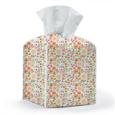 Imagem de Capa de caixa de lenços, suporte de caixa de lenços, quadrado com fundo de cinto, organizador decorativo de couro PU para mesa, bancada, banheiro, carro, escritório, cômoda, decoração floral estética