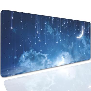 Imagem de Blue Sky Stars Moon Desk Pad Mouse Pad, Grande XL Chuvas de Meteoros Tapete de Mouse com Bordas Costuradas, Base de Borracha Antiderrapante para Escritório PC Teclado Laptop e Tapete de Mesa de
