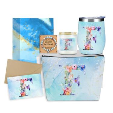 Imagem de XLRSDF Presentes personalizados monograma presentes de aniversário para mulheres, tia avó aposentadoria natal inicial copo de vinho bolsa de maquiagem conjunto de pulseira vela perfumada (flor azul