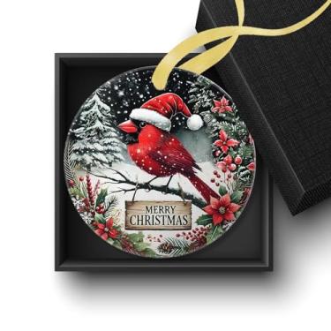 Imagem de Welshower Enfeites cardeais de inverno de feliz Natal, decorações de Natal cardeal vermelho, poinsétia de inverno nevado, pássaro, árvore de Natal, enfeites decorativos de cerâmica para pendurar