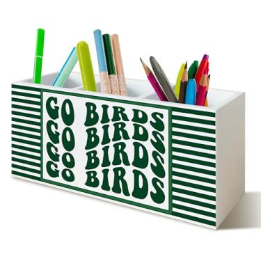 Imagem de YTRGI Go Birds Organizador de lápis de futebol para mesa, presentes para fãs de jogadores amantes de futebol, placa de bloco de madeira moderna para decoração de mesa e escritório em casa