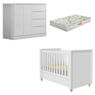 Imagem de Berço Americano Tutto New E Cômoda Infantil Eloá Branco Acetinado Com Colchão Gazin - Phoenix Baby