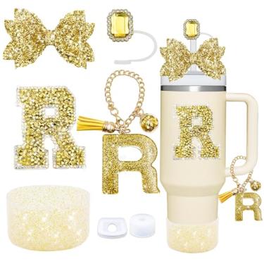 Imagem de Conjunto de acessórios de copo dourado de 7 peças para Stanley Cup 850 g/1,134 g, inclui tampa de canudo de joias, tampa à prova de derramamento, decorações de iniciais, pingente de alça, bota de