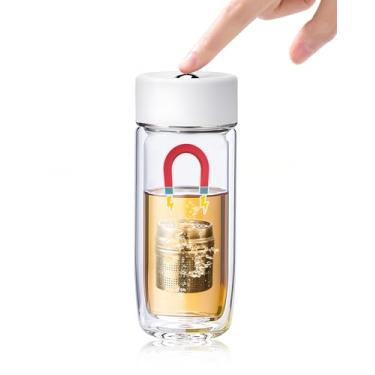 Imagem de TEAVOR Copo de chá MagnaDrop – Copo infusor de chá de vidro de parede dupla com controle magnético íngreme e interruptor de contas, caneca de viagem à prova de vazamento para folhas soltas, 300 ml