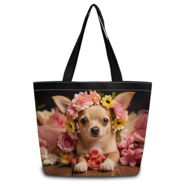 Imagem de ZhuVantrix Sacola floral chihuahua reutilizável bolsa de compras de ombro estética fofa com bolso interno com zíper leve e lavável elegante presente de chihuahua floral para mulheres