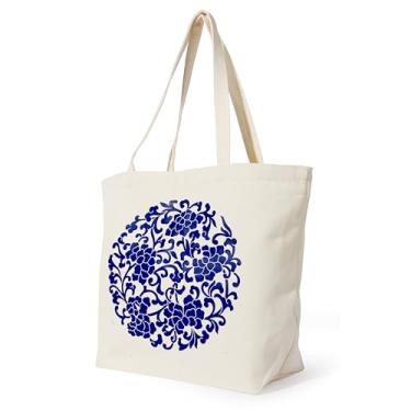 Imagem de Ganshine Sacola de lona floral de porcelana azul e branca - impressão dupla face, ecológica 300GSM - amigável (35% algodão, 65% poliéster), bolsa grande reutilizável para uso diário, compras, viagens