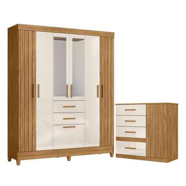 Imagem de Guarda Roupa Solteiro Malta Com Espelho E Cômoda Vênus Freijó Off White - Moval