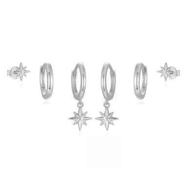 Imagem de Conjunto de 3 pares de brincos de argola banhados a ouro 14 K, brincos de cartilagem de zircônia cúbica, multi piercings, brincos de orelha de alpinista, brincos femininos para uso diário, Dainty Stud
