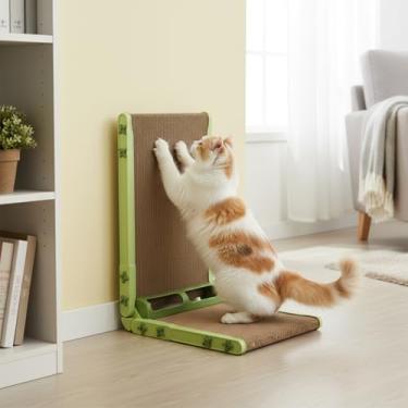 Imagem de Tábua de arranhar gatos em forma de L, arranhador de papelão bege com brinquedo de bola, 40 x 35 x 29 cm, design montado na parede para gatos internos (verde)