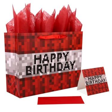 Imagem de Sacolas de Presente Aniversário com Tema Pixel Art, Incluindo Papel de Seda Cartão Felicitações e Envelope Perfeitas para Decoração Festas Aniversário com Tema Videogame (Vermelho e Branco)