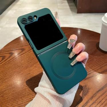 Imagem de Capa de telefone magnética de luxo lisa metálica para Samsung Z Flip 6 5 4 3 Flip5 ZFlip5 Flip3 Flip6 capa de proteção de lente completa, verde escuro, para Samsung Z Flip 3