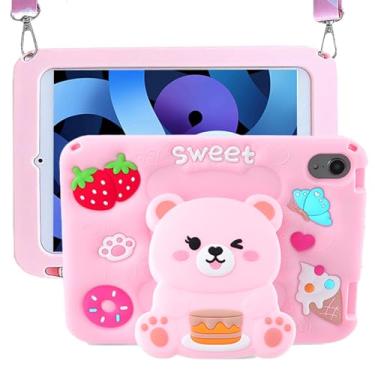 Imagem de Capa para iPad 10ª geração de 10,9 polegadas 2022 para iPad A16 11ª geração com linda capa infantil Kawaii desenho animado urso 3D com suporte e alça de ombro capa de silicone macio (rosa)