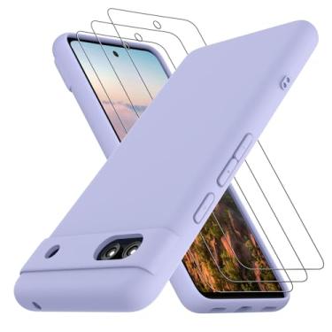 Imagem de Neseovge Capa para celular Google Pixel 7A com 3 protetores de tela de vidro temperado, silicone líquido macio TPU com forro de microfibra, capa protetora de corpo inteiro para Google Pixel 7A, roxo
