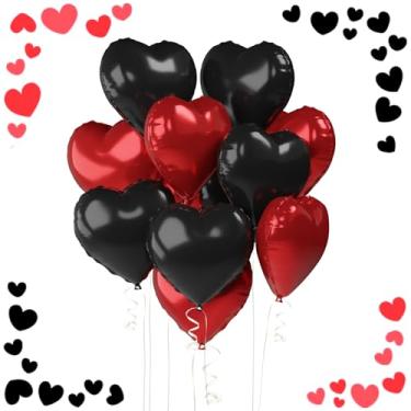 Imagem de Balões de coração de 45,72 cm, 12 peças de balões vermelhos e pretos para decoração de chá de bebê para dia dos namorados, casamento, noivado, festa de aniversário, chá de bebê