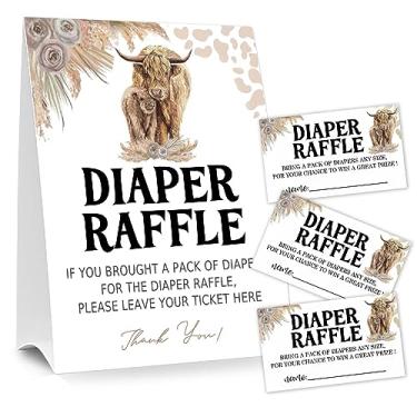Imagem de Bilhetes de sorteio de fraldas para jogo de chá de bebê, 1 placa de pé e 50 cartões de adivinhação para decoração de festa de chá de bebê, vaca sagrada, vaca boho, vaca highland