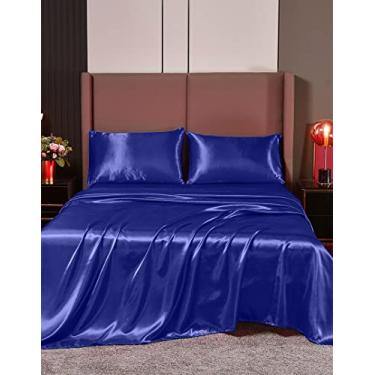 Imagem de Conjunto de lençóis de cetim luxuoso macio e sedoso de qualidade de hotel Cloud Fino com 4 peças, resistente a rugas e desbotamento, hipoalergênico, respirável, durável e confortável jogo de cama!! !, Royal Blue, California King