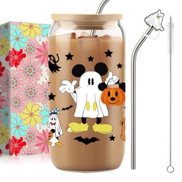 Imagem de qiyeyeye Copos de vidro fantasma de Halloween de 473 ml com tampas e canudos, design de padrão de rato fofo e abóbora, copos de café gelado, presente de Halloween com caixa para adultos e adolescentes
