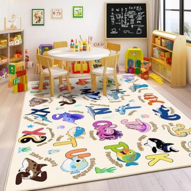 Imagem de Bolacrom Tapetes infantis para sala de jogos, tapete educativo para aprender o alfabeto ABC, macio, lavável na máquina, antiderrapante, fofo, organismos marinhos para sala de aula, berçário, decoração