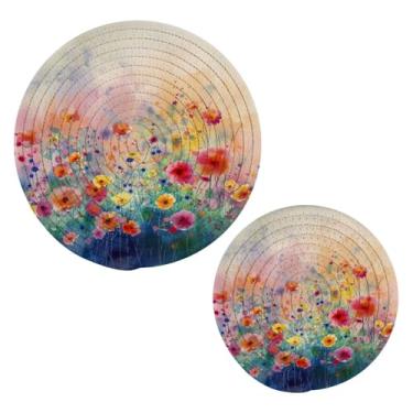 Imagem de Blueangle 2 peças de suporte de panela para pintura de flores coloridas - conjunto de pegadores de panela de tecido redondo - almofadas quentes trançadas de algodão - porta-copos - tapetes de mesa