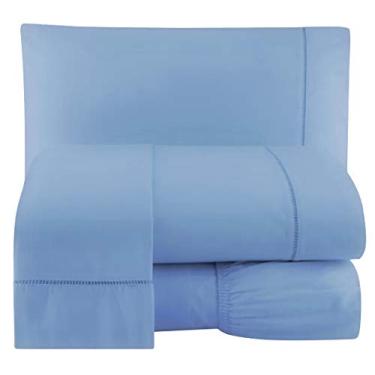 Imagem de Jogo de Lençol 200 Fios Percal Ponto Palito Cama Casal 4pçs Azul