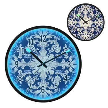 Imagem de Relógio de parede LED que brilha no escuro e ativado por voz, silencioso, padrão azul branco de 30,5 cm, funciona a bateria para decoração de quarto e sala de estar (220)