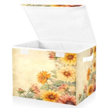 Imagem de Blueangle Caixas de armazenamento dobráveis 1 pacote, cestas de armazenamento vintage de girassóis com tampas e alça para casa, quarto, armário e escritório (415)
