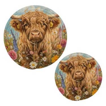 Imagem de Blueangle 2 peças de lindo suporte de panela de vaca Highland – conjunto de pegadores de panela de tecido redondo – almofadas quentes trançadas de algodão – porta-copos – tapetes de mesa para cozinhar