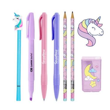 Imagem de Kit Papelaria Fofa Unicornio Kawaii Lapis Borracha Apontador Caneta Fo