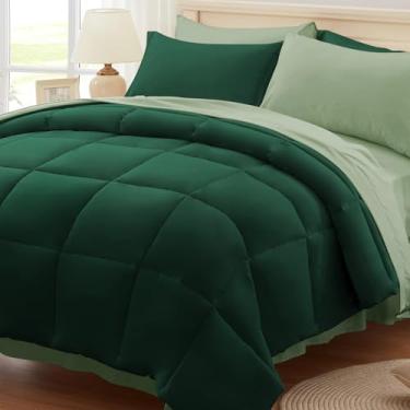 Imagem de Anluoer Conjunto de edredom completo, cama verde esmeralda e sálvia em uma bolsa, 7 peças, conjunto de cama leve com enchimento alternativo macio, conjunto de cama inclui edredom, lençol de cima