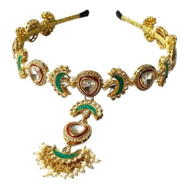 Imagem de Tiara indiana de lua verde Jadau Kundan Sheeshphool com Tikka/Borla/Bodla Matha patti Maang tikka acessório de cabelo joia de testa de casamento